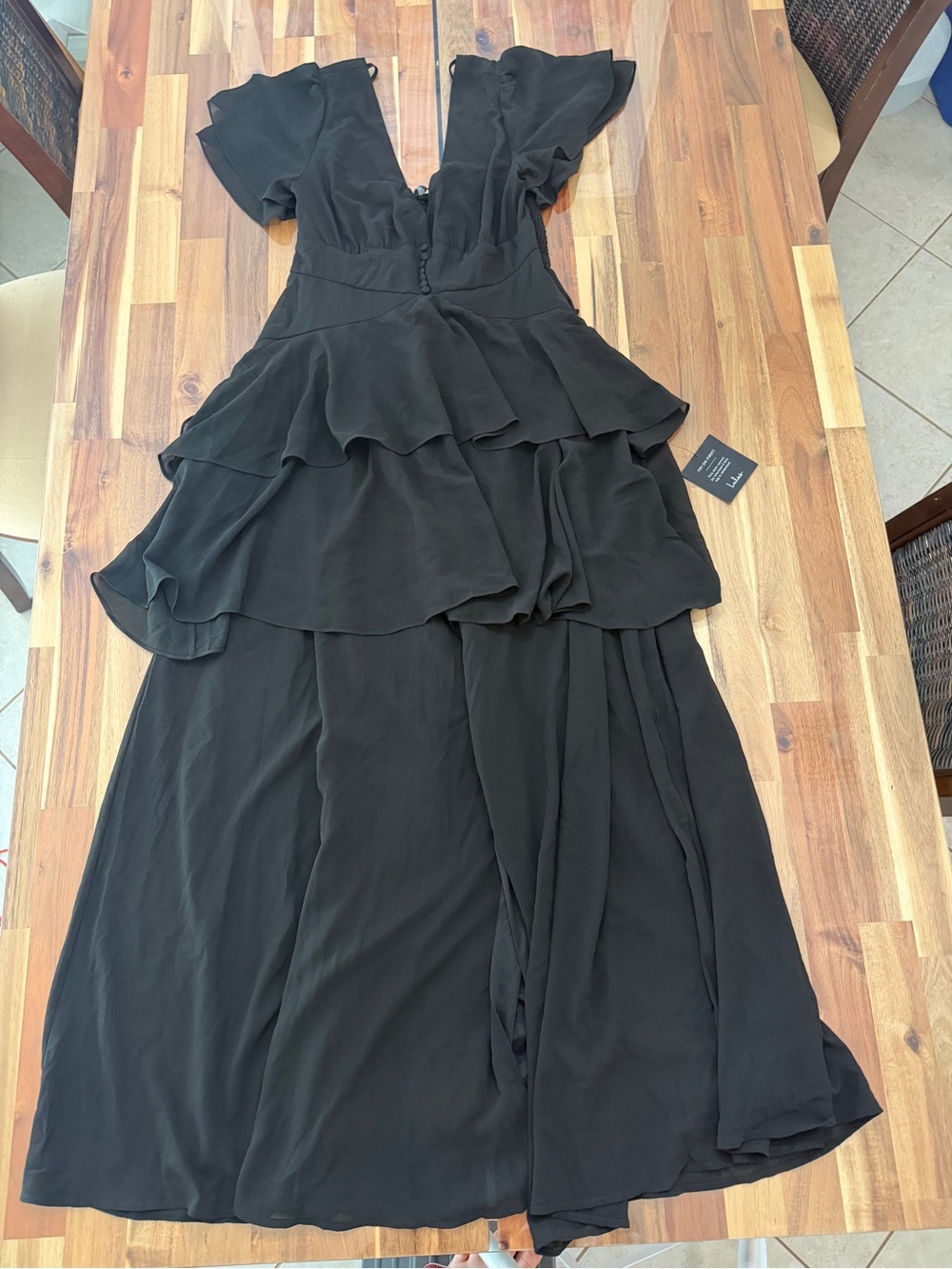 NWT Sz M Lulus Black Tiered Ruffle Button-Front Maxi Dress V Neck Flutter